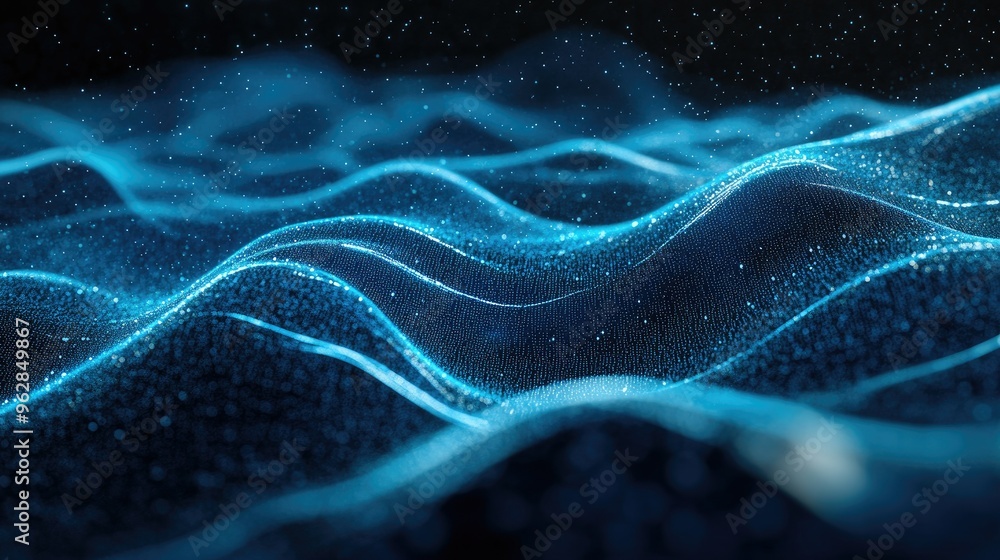 Fototapeta premium Blue particles creating smooth, horizontal waves on a dark background, showcasing an abstract 3D landscape for communication technology visuals.