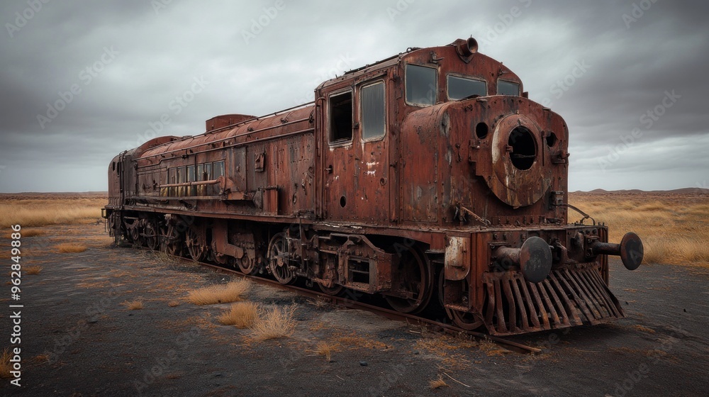 A weathered train engine, covered in rust, sits idle in a barren landscape, framed by sparse grass and an ominous, cloudy sky during the late afternoon light A weathered train engine, covered in rust, sits idle in a barren landscape, framed by sparse grass and an ominous, cloudy sky during the late afternoon light