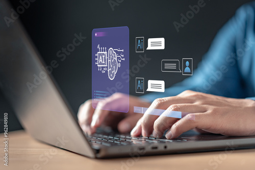 development, programmer, technology, artificial, ai, future, intelligence, information, innovation, software. A person is typing on a laptop with a screen displaying a computer program that has AI HUD
