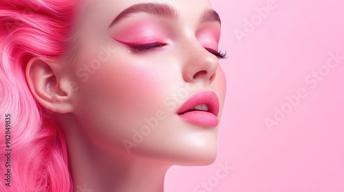 A young woman with vibrant pink hair and striking makeup gazes serenely, highlighting her bold eyeliner and soft lips, immersed in a dreamy pink ambiance