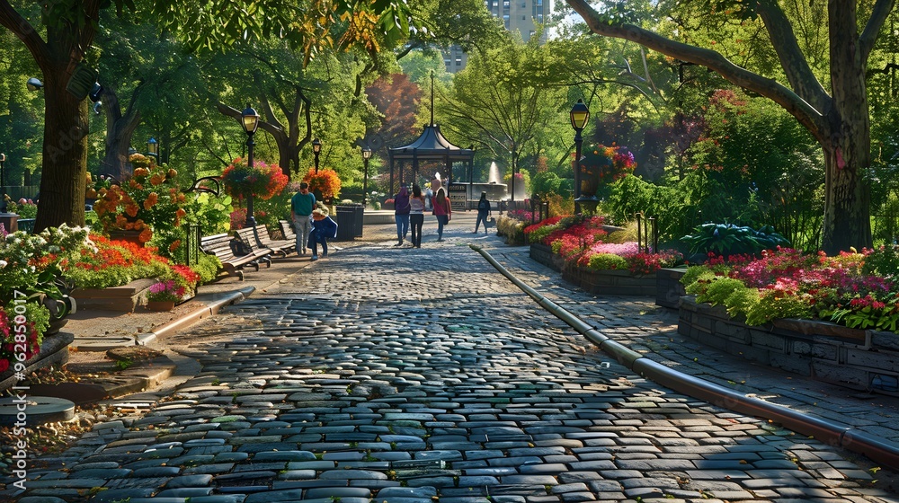 Obraz premium Cobblestone Path Leading Through a Lush City Park