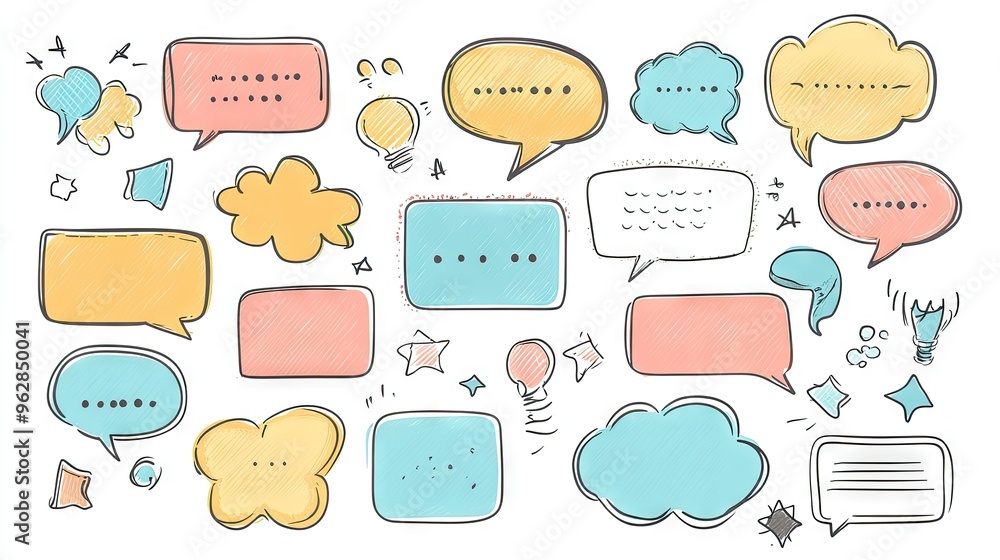 Cartoon message boxes and speech bubble illustrations with outline doodle design and blank areas for text. Perfect for visualizing conversations and chats. Cartoon message boxes and speech bubble illustrations with outline doodle design and blank areas for text. Perfect for visualizing conversations and chats.