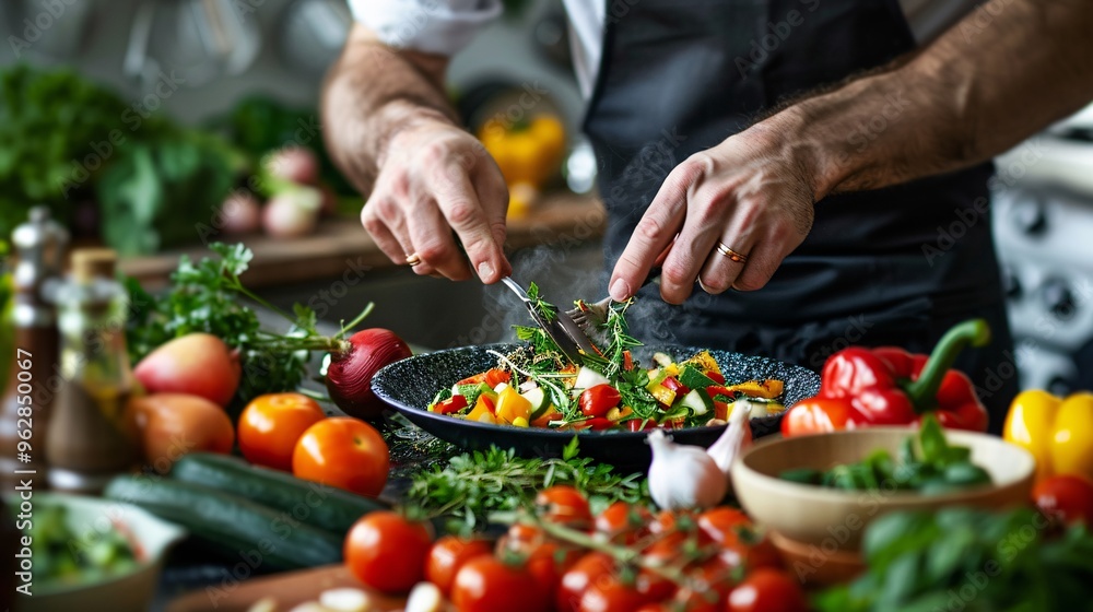 Chef preparing a fresh vegetable dish in a kitchen Chef preparing a fresh vegetable dish in a kitchen