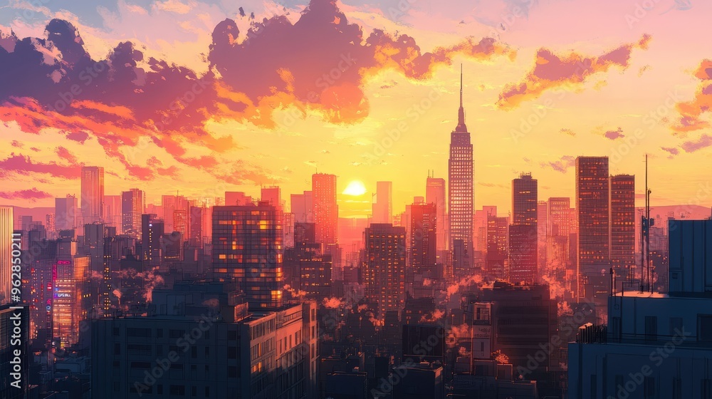 Obraz premium City skyline at sunset, with buildings casting long shadows and the sky ablaze with color