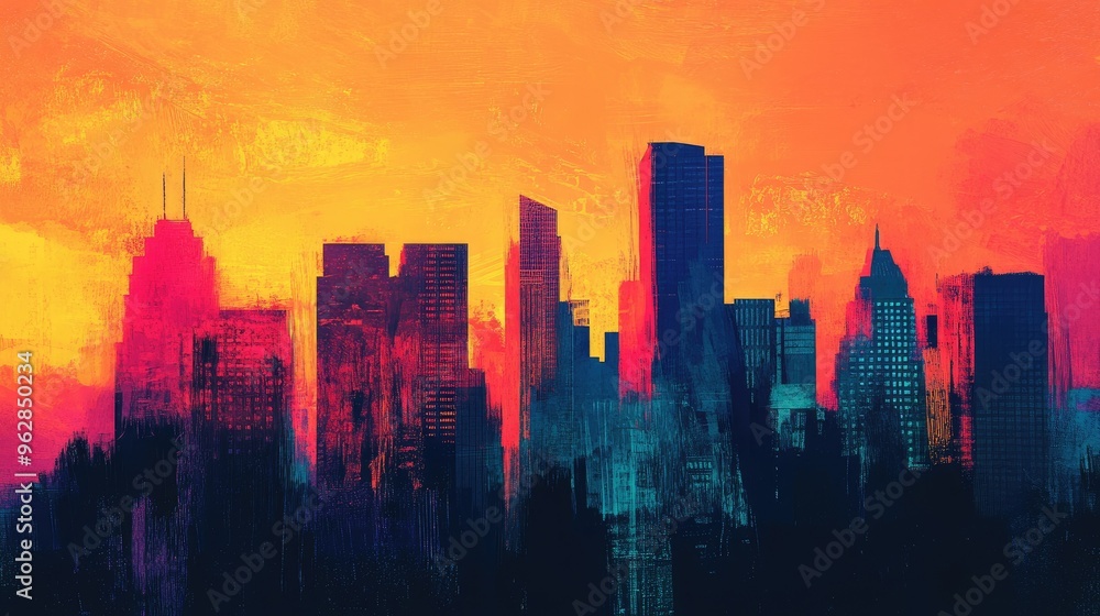 Fototapeta premium City skyline at sunset, with buildings casting long shadows and the sky ablaze with color