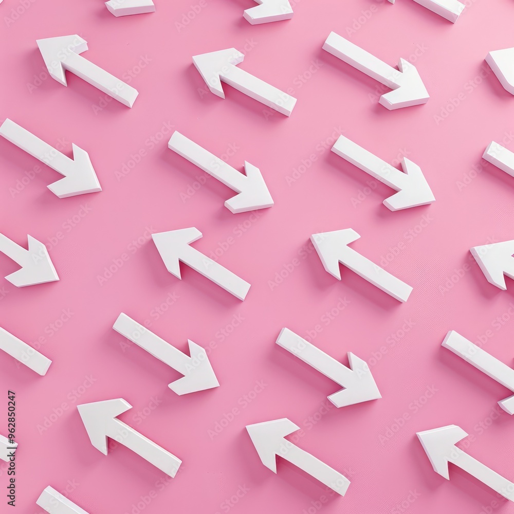 Multiple white arrows pointing in various directions on a pink background. Concept of choice, decisions, paths, and directions in life. Multiple white arrows pointing in various directions on a pink background. Concept of choice, decisions, paths, and directions in life.
