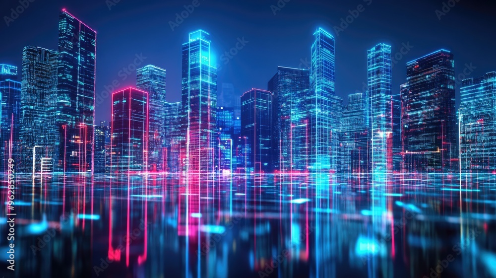 City skyline with futuristic architecture illuminated by neon lights and digital effects. Panoramic view capturing the essence of modern technology. City skyline with futuristic architecture illuminated by neon lights and digital effects. Panoramic view capturing the essence of modern technology.