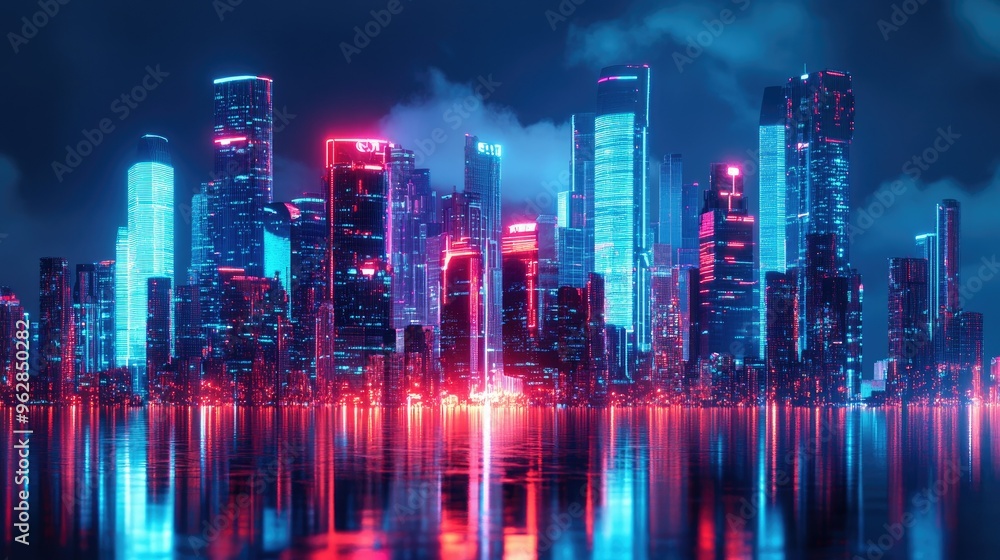 Obraz premium City skyline with futuristic architecture illuminated by neon lights and digital effects. Panoramic view capturing the essence of modern technology.