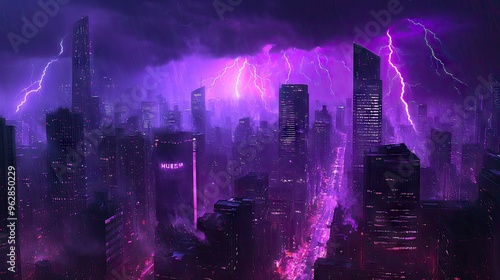 City skyline in the midst of a storm, with purple lightning bolts dramatically lighting up the night sky, highlighting the urban landscape with an intense glow.