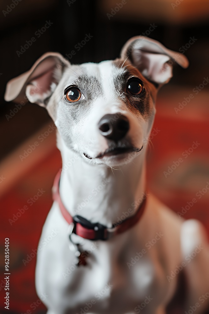 Close-up portrait of a white and gray dog with brown eyes, wearing a red collar and looking directly at the camera. Close-up portrait of a white and gray dog with brown eyes, wearing a red collar and looking directly at the camera.