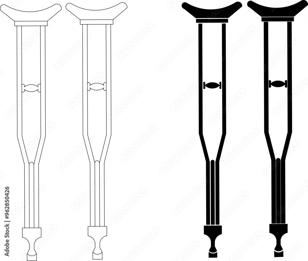 Crutches Orthopedic Support Illustration - Outline and Silhouette Versions Crutches Orthopedic Support Illustration - Outline and Silhouette Versions
