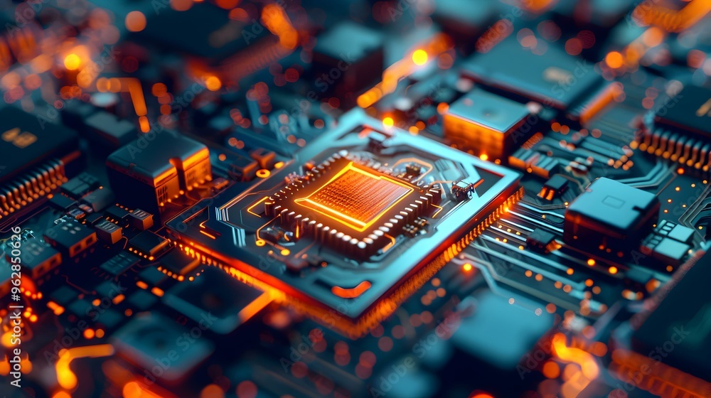 Close-up of a Glowing Computer Chip on a Circuit Board Close-up of a Glowing Computer Chip on a Circuit Board