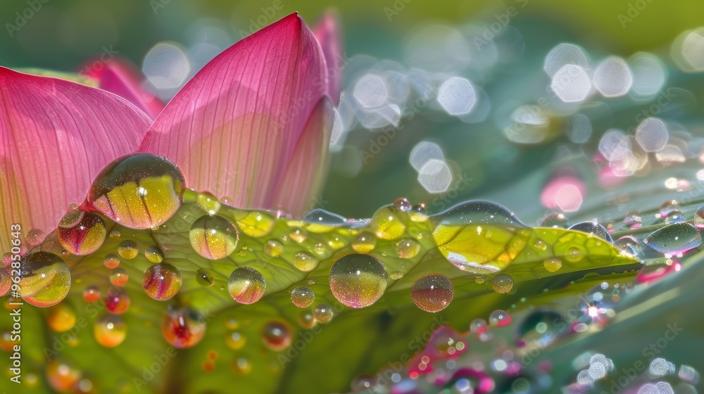 Photograph of water drops on a lotus leaf taken with a macro lens. Photograph of water drops on a lotus leaf taken with a macro lens.