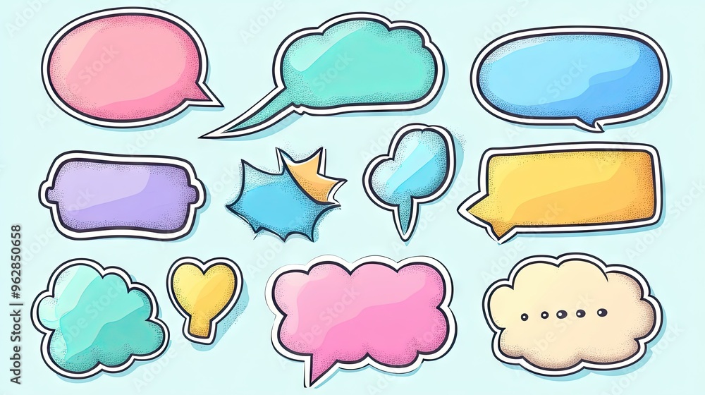 Collection of balloon-style speech bubbles and message boxes with outline designs and space for text. Ideal for adding dialogue to your digital graphics. Collection of balloon-style speech bubbles and message boxes with outline designs and space for text. Ideal for adding dialogue to your digital graphics.