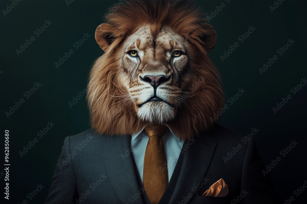 lion wearing a suit and tie is the main focus of the image. The lion's face is shown in detail, with a tie around its neck and a tie clip on its chest. Concept of sophistication and elegance lion wearing a suit and tie is the main focus of the image. The lion's face is shown in detail, with a tie around its neck and a tie clip on its chest. Concept of sophistication and elegance