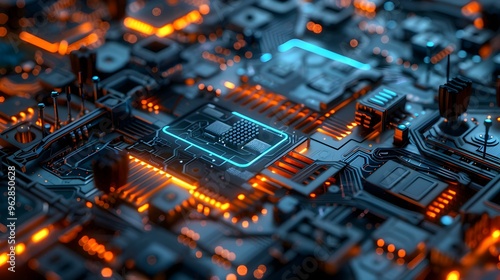 Close-up of a Glowing Circuit Board with a Microchip