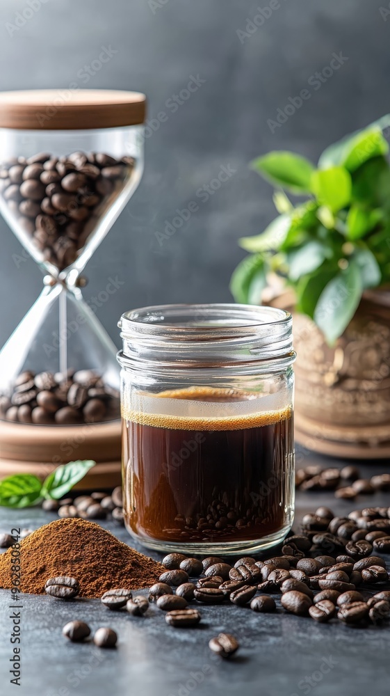 Coffee grounds steeping in jar with hourglass, representing brewing process. Coffee grounds steeping in jar with hourglass, representing brewing process.