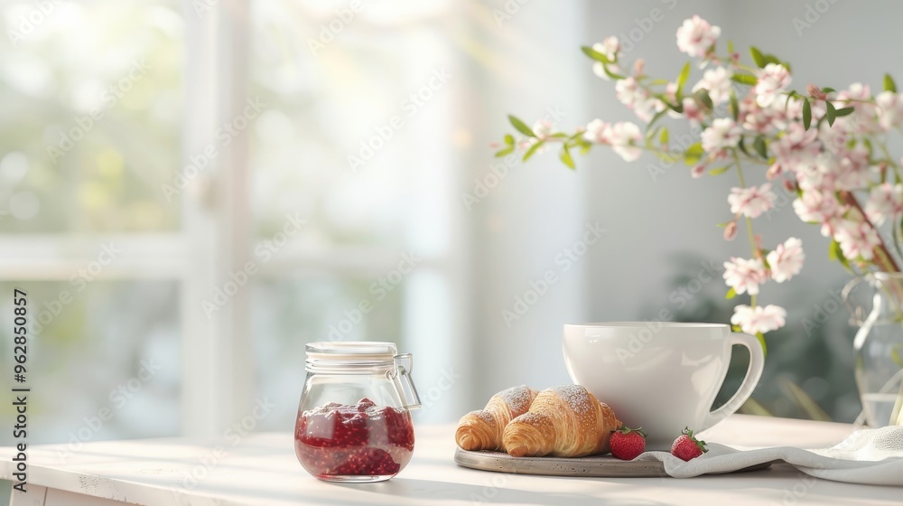 Cozy breakfast scene with a jar of strawberry jam, warm croissants, and a cup of tea, evoking a comforting morning mood. Cozy breakfast scene with a jar of strawberry jam, warm croissants, and a cup of tea, evoking a comforting morning mood.