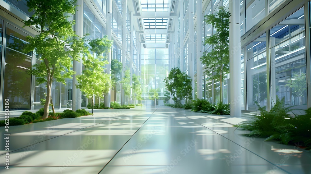 Modern Office Building Atrium with Glass Walls and Green Plants Modern Office Building Atrium with Glass Walls and Green Plants