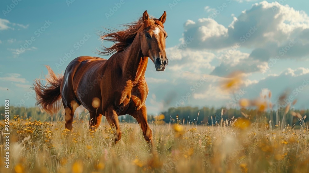 Majestic Brown Horse Running Through a Field Majestic Brown Horse Running Through a Field