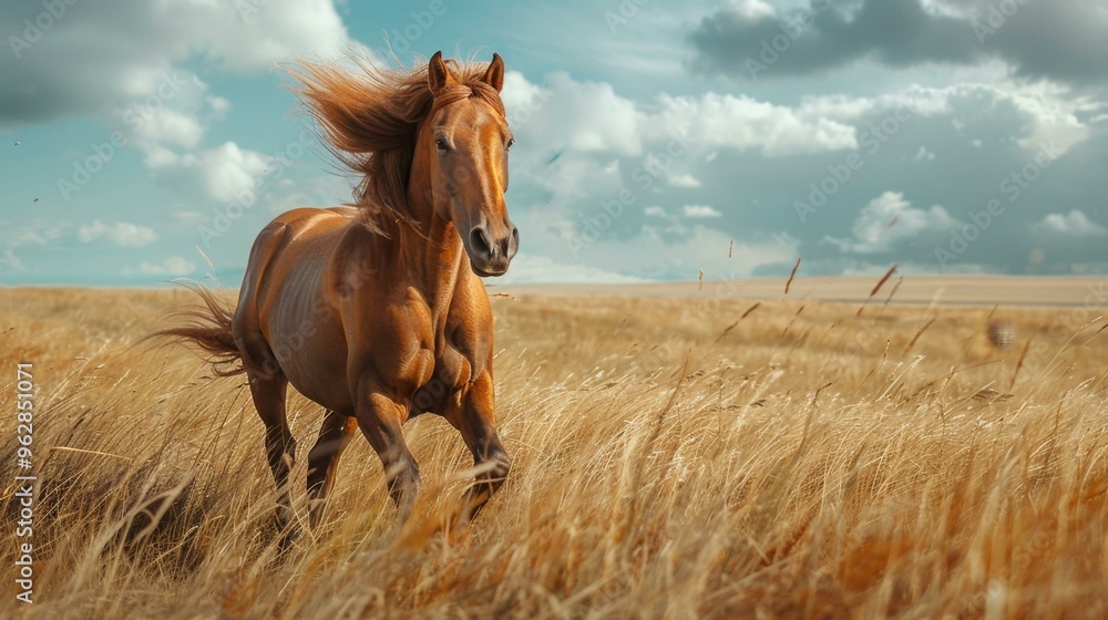 Majestic Brown Horse Running Through Golden Field Majestic Brown Horse Running Through Golden Field