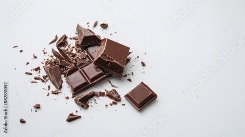 Close-up of chocolate bar broken into pieces on white background