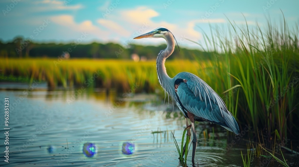 Naklejka premium Blue Heron Standing in Shallow Water
