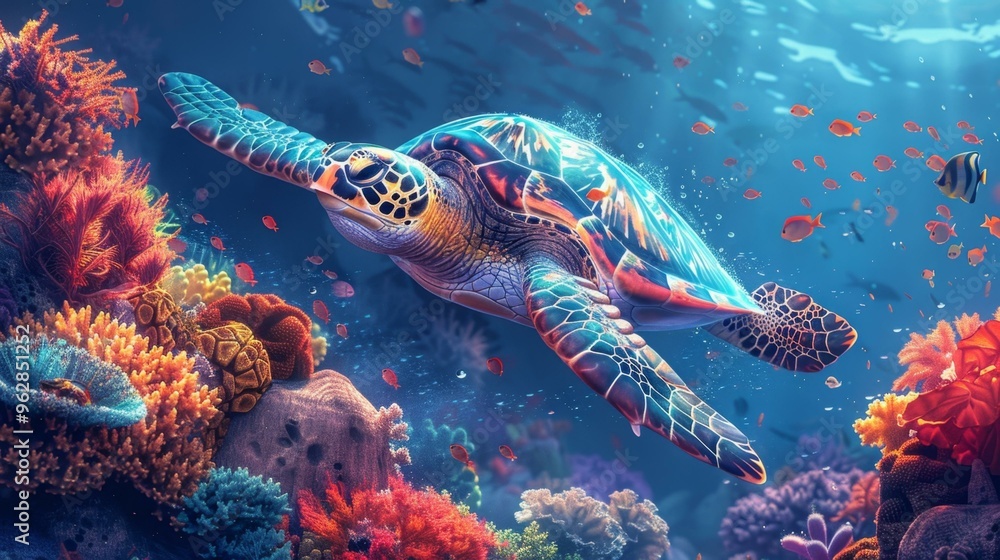 Sea Turtle Swimming Through Vibrant Coral Reef Sea Turtle Swimming Through Vibrant Coral Reef