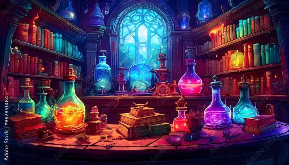 Obraz premium A mysterious room filled with spell books and potions