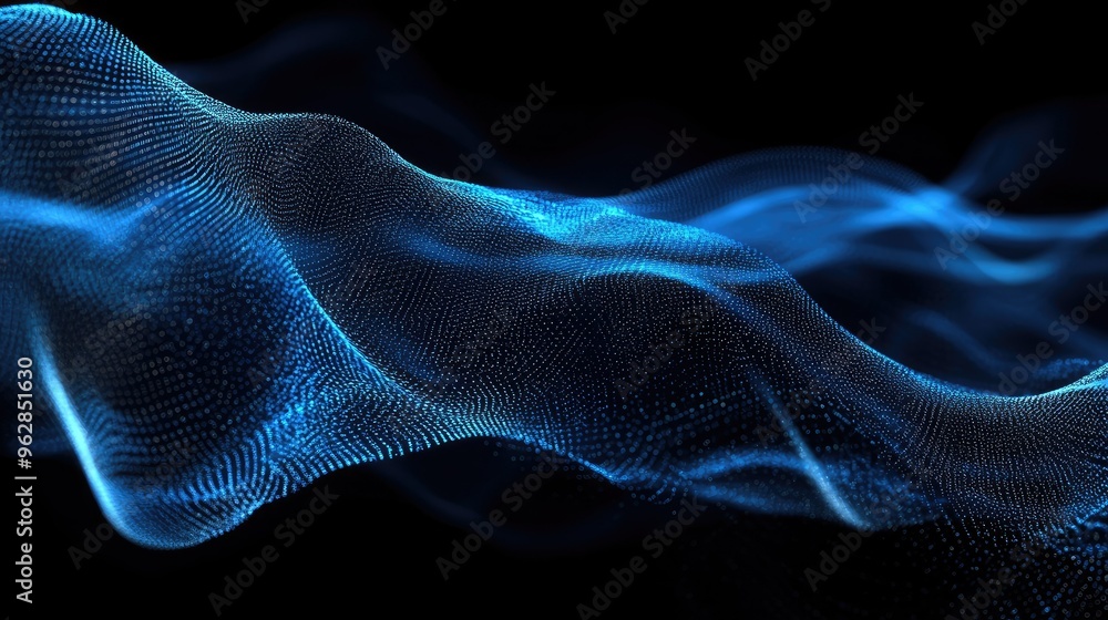 Obraz premium Dynamic blue particle lines forming horizontal waves and undulating across a black backdrop, ideal for showcasing digital and communication tech themes. -