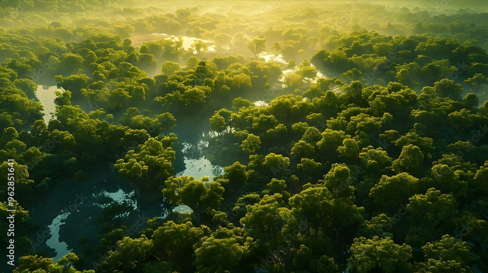 Aerial View of a Lush Forest with a Winding River Aerial View of a Lush Forest with a Winding River