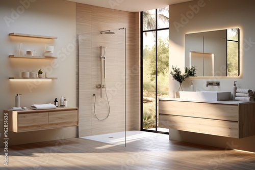 Interior of modern bathroom with beige walls, wooden floor, comfortable bathtub and shower stall. 3d rendering