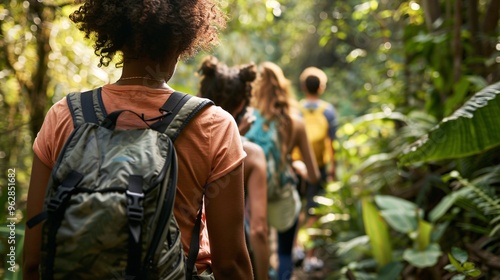 Group of hikers walking through lush jungle foliage