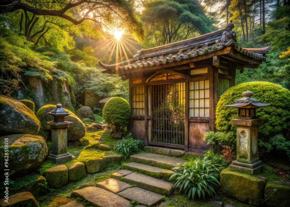Fototapeta premium whispers of forgotten love abandoned Japanese tea house overgrown European garden rusty gates intricate stone carvings warm afternoon sunlight nostalgic peaceful melancholic forgotten memories