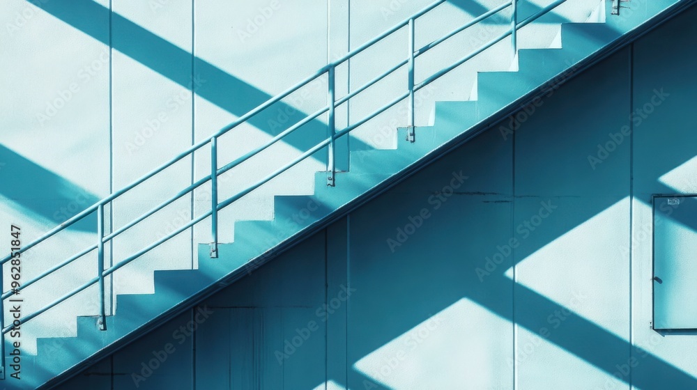 Obraz premium sharp geometric shadows cast on a light blue wall by a metal structure