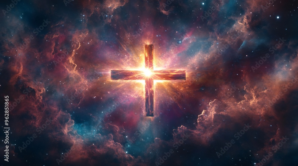 A glowing cross shines brightly in the middle of a colorful cosmic nebula, surrounded by stars. A glowing cross shines brightly in the middle of a colorful cosmic nebula, surrounded by stars.