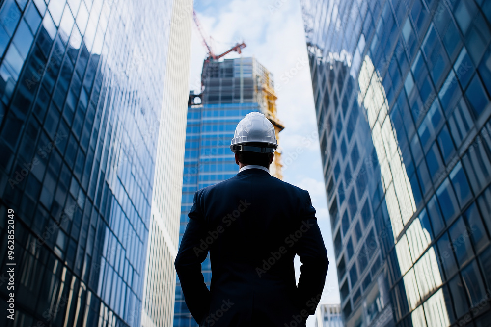 Fototapeta premium man in a hard hat stands in front of a tall building. He is wearing a suit and tie