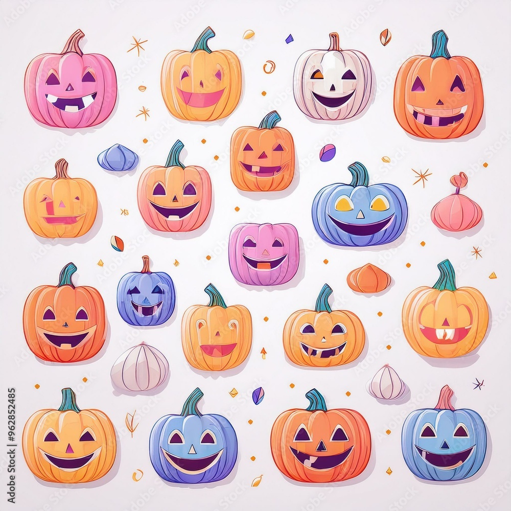 A Kaleidoscope of Spooky Smiles: A vibrant array of cartoon pumpkins with playful expressions lights up this Halloween illustration. A Kaleidoscope of Spooky Smiles: A vibrant array of cartoon pumpkins with playful expressions lights up this Halloween illustration.