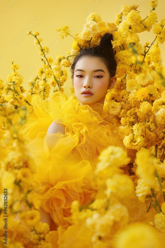 Asian woman stands amidst sea of yellow flowers in stunning high-end ...