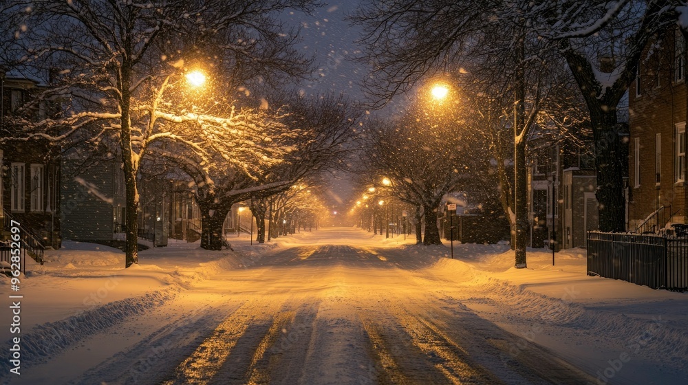 Empty street at night, freshly fallen snow reflecting the soft light of the streetlamps, creating a peaceful winter scene. Empty street at night, freshly fallen snow reflecting the soft light of the streetlamps, creating a peaceful winter scene.