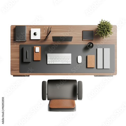 Interior furniture top view of a desk for home office. Isolated on transparent background. PNG design element.