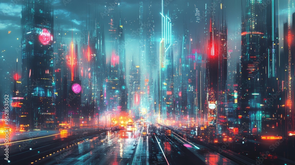 Futuristic city with neon-lit buildings and abstract digital elements, capturing a panoramic view of modern urban architecture and technology. Futuristic city with neon-lit buildings and abstract digital elements, capturing a panoramic view of modern urban architecture and technology.