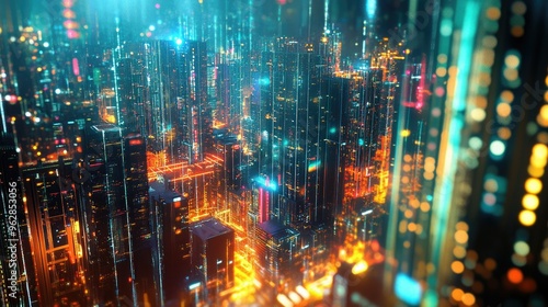 Futuristic city with neon-lit buildings and abstract digital elements, capturing a panoramic view of modern urban architecture and technology.