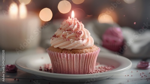 A celebratory pink frosted cupcake with a single candle, placed on a white plate with a bokeh background. Generative AI.