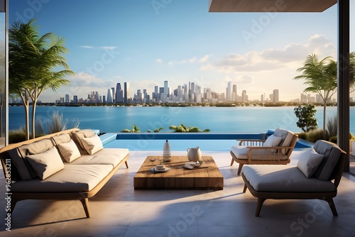 Luxury terrace with a view of the city and sea. 3d rendering