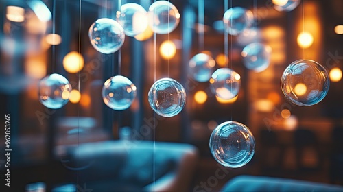 Group of bright, gleaming chat bubbles suspended in an elegant room, creating a high-tech ambiance for digital communication and interaction. photo