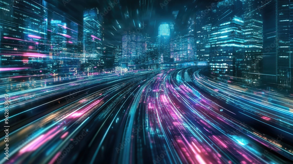 High-tech urban architecture with neon light trails and abstract digital effects, showcasing a futuristic cityscape and advanced technology. High-tech urban architecture with neon light trails and abstract digital effects, showcasing a futuristic cityscape and advanced technology.