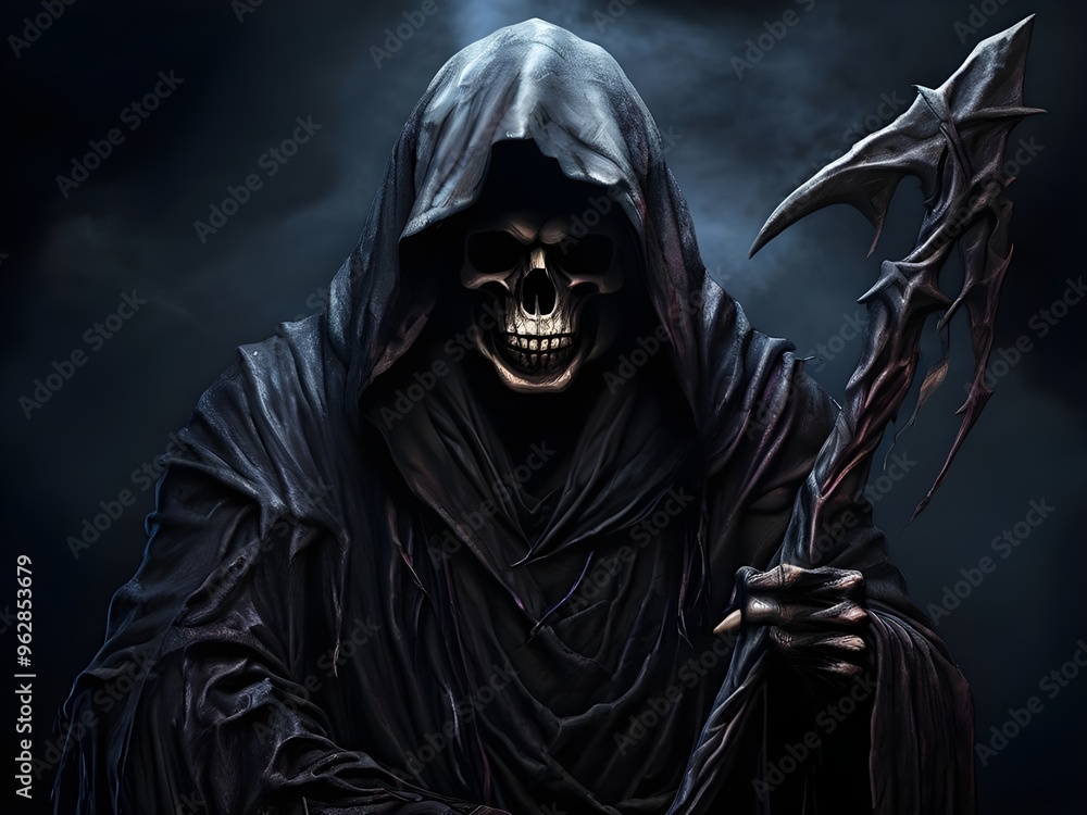 Skeleton Grim Reaper wearing a black cloak holding a sharp spear, devil, horror movie, Halloween, eerie background generative AI Skeleton Grim Reaper wearing a black cloak holding a sharp spear, devil, horror movie, Halloween, eerie background generative AI