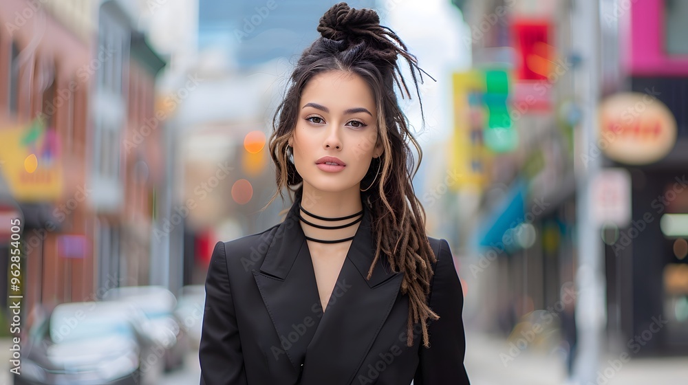 Fashionforward woman with dreadlocks, wearing a sleek black outfit, walking through a contemporary art district., Fashionforward woman with dreadlocks, wearing a sleek black outfit, walking through a contemporary art district.,