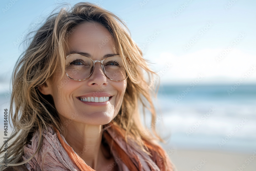 woman with long brown hair and glasses is smiling at the camera. She is wearing a pink scarf and is standing on a beach woman with long brown hair and glasses is smiling at the camera. She is wearing a pink scarf and is standing on a beach